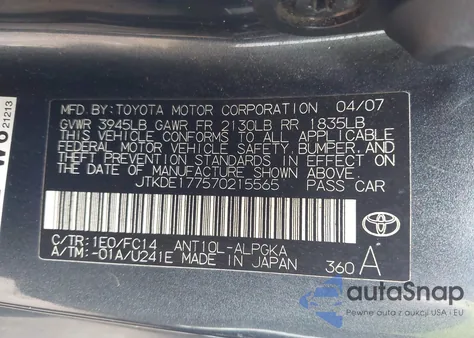 2007 Scion Tc from USA, damaged, VIN JTKDE177570215565